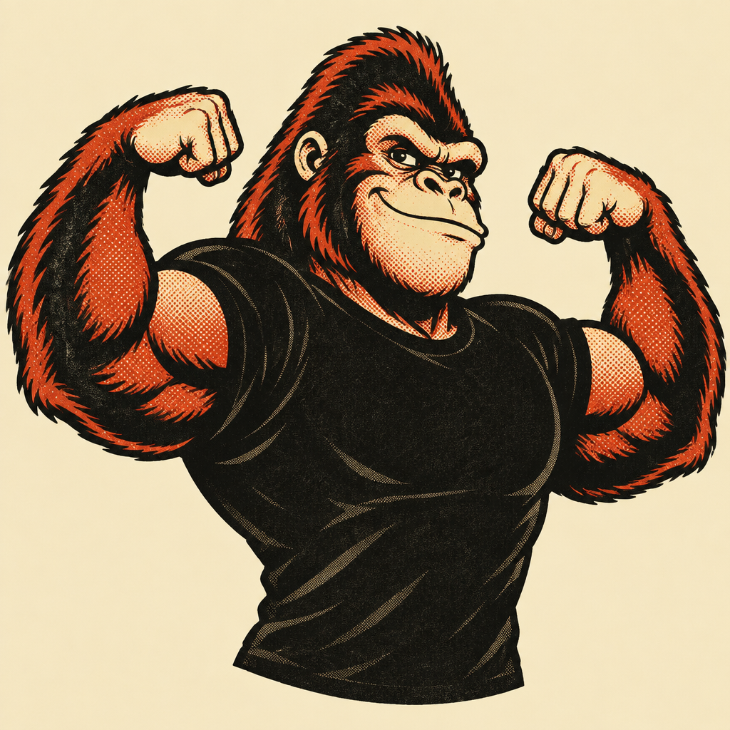 Cartoon gorilla flexing in a black t-shirt